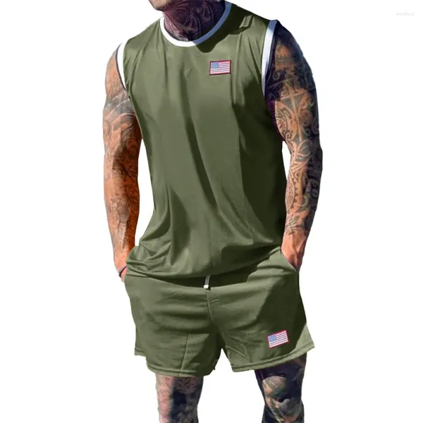 Мужские трековые костюмы Vest 1 Top Shorts Green M-3XL Красный черный синий цвет повседневная рукавочная спортивная одежда 95%полиэстер 5%спандекс