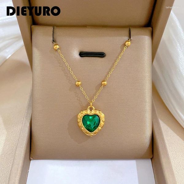 Colares pendentes Dieyuro 316l Colar de cristal verde de aço inoxidável para mulheres tendências de jóias de jóias de corrente de luxo para garotas
