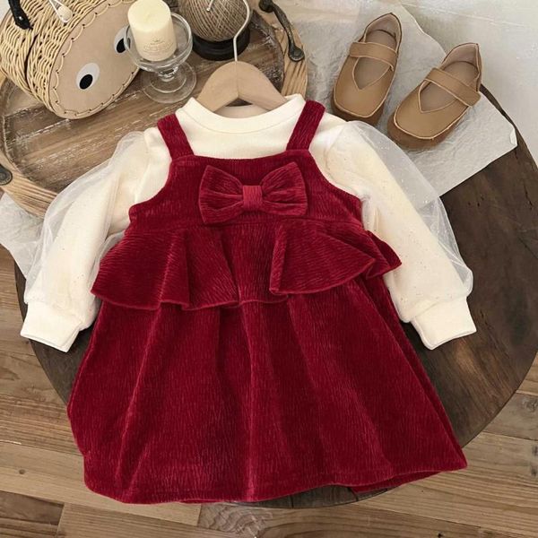 Giyim setleri tatlı kızlar prenses 2pcs takım elbise kış çocuklar bebek bebekler bow parti elbiseler peluş kalınlaştırıcı vestidos yıl