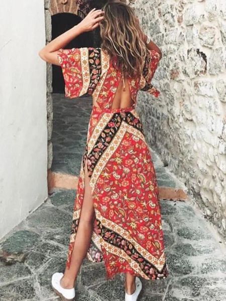 Abiti da festa abiti super chic donne lolita ritaglio maxi campefire estate campane a v-collo legato sexy lunghe boho spiaggia