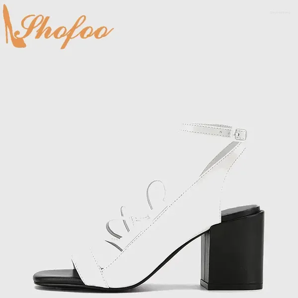 Kleiderschuhe weiß schwarze schwarze hohe klobige Absätze Frauen Sandalen Offener Spitzen -Knöchelgurt große Größe 14 16 Damen Sommer Fashion Casous Shofoo