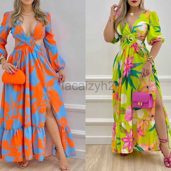 Vestidos casuais vestido de grife 2024 comutores elegantes femininos estampados de gola em V vestidos longos divididos em plus size vestidos