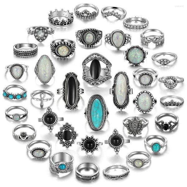 Кластерные кольца 39 кусочек набор богемии металл для женщин мужчины винтажное серебряное цвето
