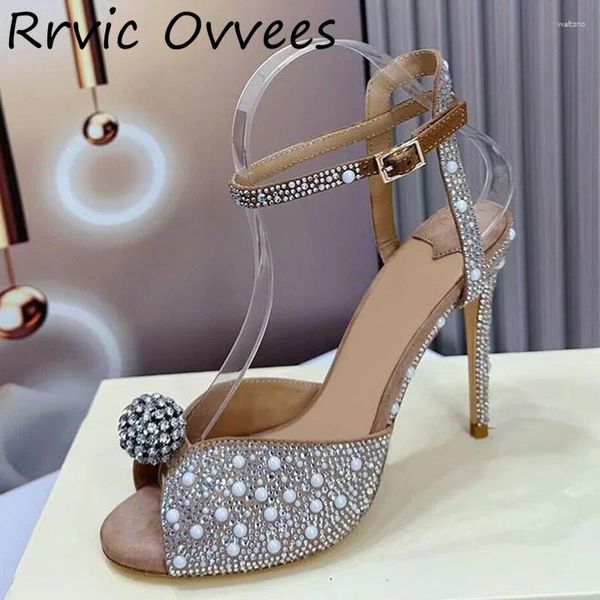 Vestido sapatos abertos no dedo de pé fino sandálias de luxo de luxo decoração de bola de cristal rasa tornozelo tornozelo sandálias de verão banquete de festa sexy