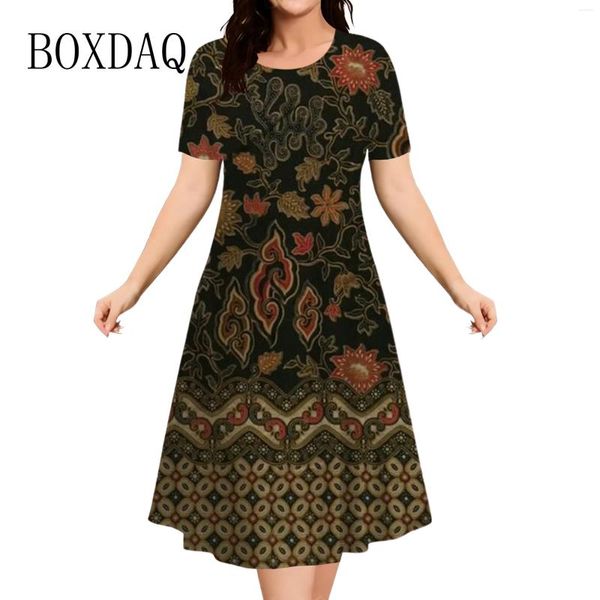 Lässige Kleider Vintage Ethnic 3D Print Sommer Frauen O-Neck Kurzarm Lose A-Line-Kleider Mode Plus Size 6xl Retro Kleidung