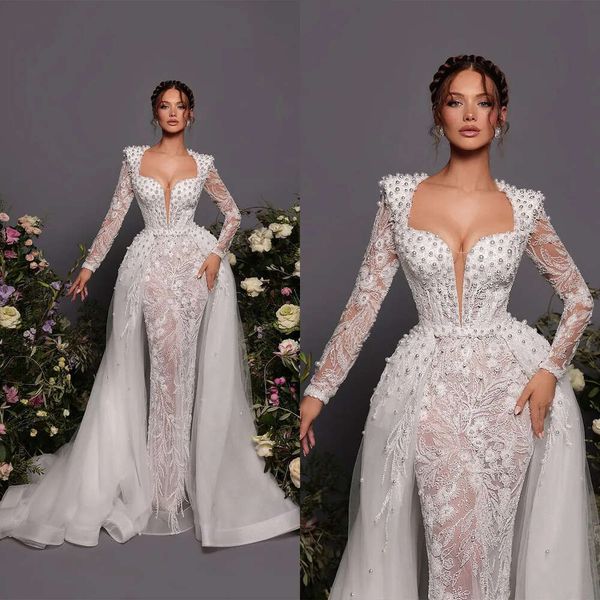 Hochzeitsquadratische Spitze Meerjungfrau Perlen Wunderschöne Kleider Tüll Schulterpolster Langhülle abtrennbarer Zug Reißverschluss Custom Made Plus Size Bridal Gown Vestidos de Novia