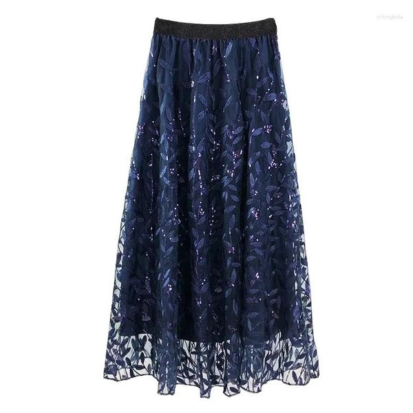 Юбки Осенняя зимняя тонкая кружевная сетчатая юбка для вышивки женская одежда 2024 Весенняя длинная высокая талия.