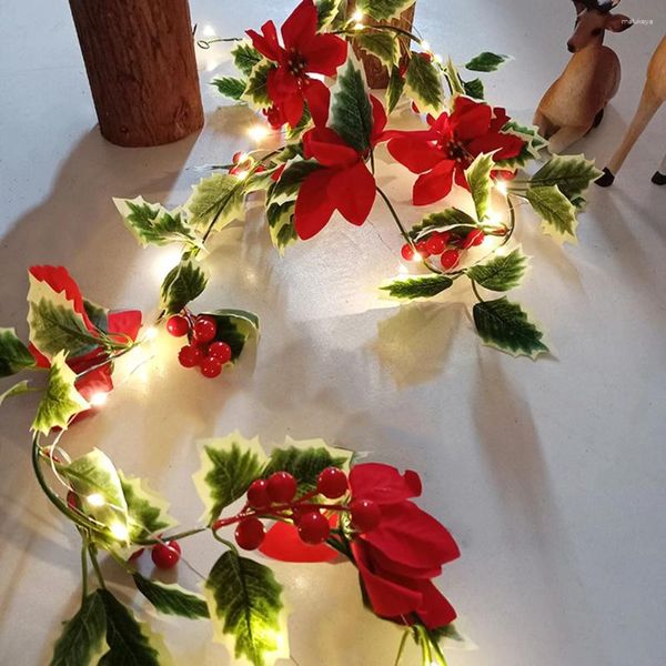 Декоративные цветы 2 метра искусственная пунсеттия рождественская гирлянда с красными ягодами и листьями листьев Светодиоды для украшения