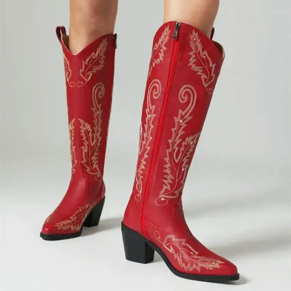 Botas ippeum cowboy para mulheres bordados grossos de salto de couro vermelho sapatos de cowgirl joelho alt high botas femininas