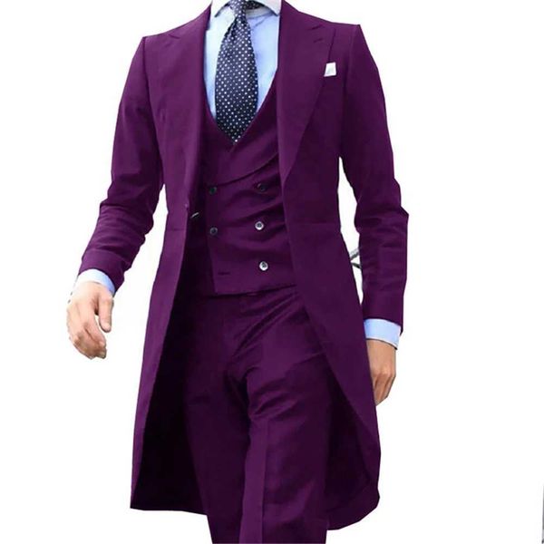 Ternos masculinos Blazers azuis reais casaco de cauda longa de 3 peças Já moda vestido de noite para casacos de bola de casamento com calças Q240507