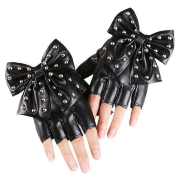 Fünf Finger Handschuhe Frauen Bowknot Nietbühne Performance Leder Halbfinger Fashion Sexy Persönlichkeit weiblicher Nachtclub Hip Hop7817336758