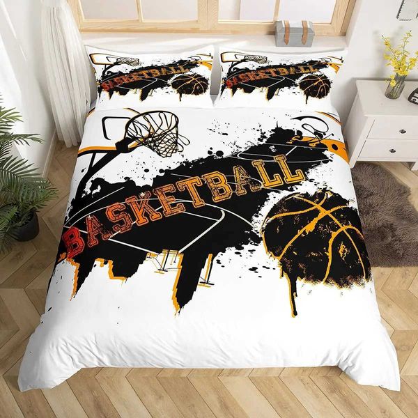 Basking Define Basketball Down Duvet Capa Queen Set Meninos e Girls Sports Sports Comfort Cover Black Graffiti Capa de capa esportiva J240507