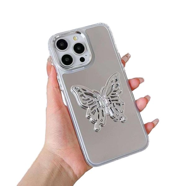 Mirror Butterfly Ständer Mobiltelefonkoffer für iPhone 15 Pro14 13 12 11 Damen Make -up Make -up Spiegel Schutzabdeckung Hartharter Schock Stoßdropfen -Elektroplattenprozess