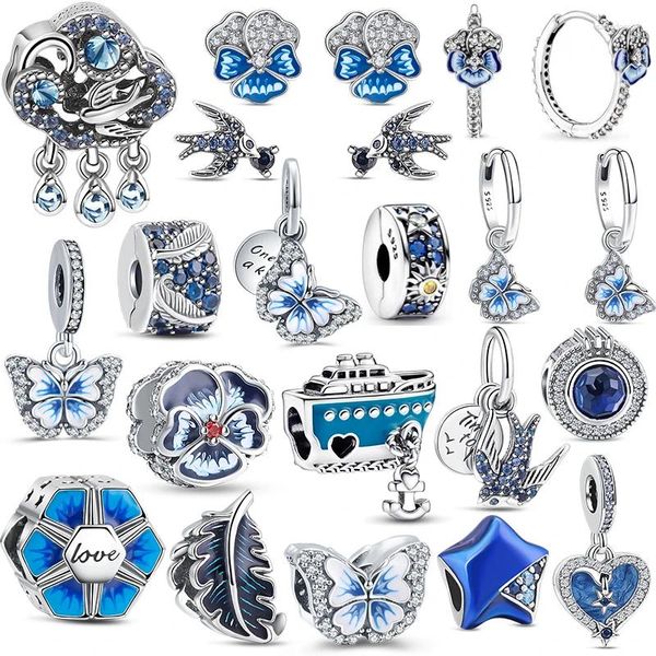 Loose Edelsteine 2024 Original Design Charms 925 Sterling Silber Blue Blumen Schmetterling Schwalbenklammern Fit Armband Schmuckanhänger Anhänger