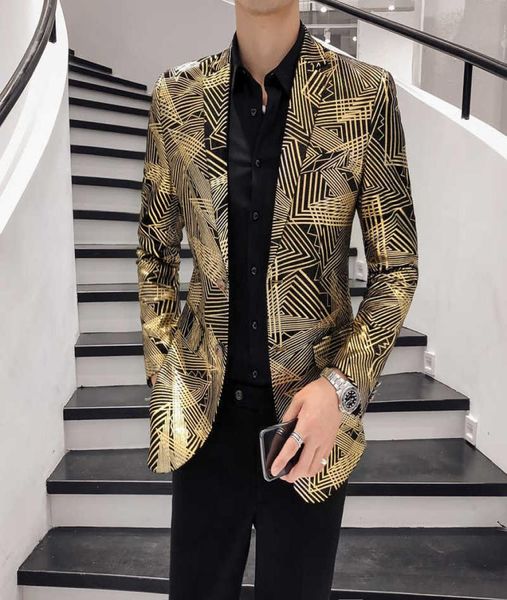 Luxury Gold Stripe Print Suit Jacket Masculino Blazers Slim Masculino Blazer Men039S Banquet Prom Wedding Groom Dress Slim Jacket X02818360