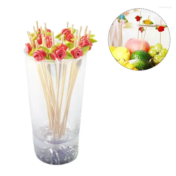 Forks 10pcs Multicolor Rose Flower Fancy Picks para Salada de Toothestes de Festas de Forks Salada de Cocktail Bamboo