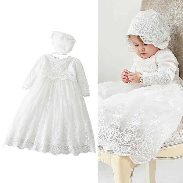 Abiti da battesimo abito battista bianco per bambini inverno in pizzo lungo cappello natalizio cappello da fiore ragazza principessa appena nata Q240507