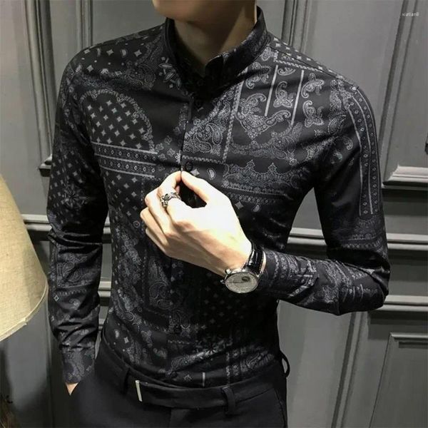 Camisas casuais masculinas camisa de homem com estampa impressa para homens dot floral preto na colarinho de algodão social roupas coreanas eu