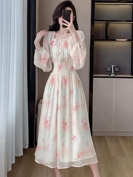 Повседневные платья весна лето цветочные шифоновые платья с длинным рукавом Женщины Элегантная шикарная вечеринка Vestido 2024 Корейская мода Bodycon Robe
