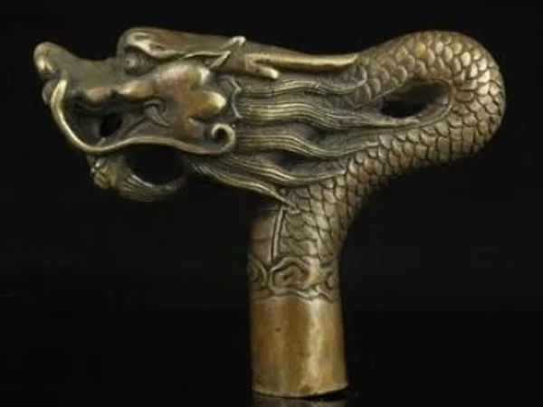 Skulpturen ym 324 100% Bronze reiner Kupfer Messing Old Opa Good Lucky Walking Stick Head China Alte Handarbeit Bronze Drache