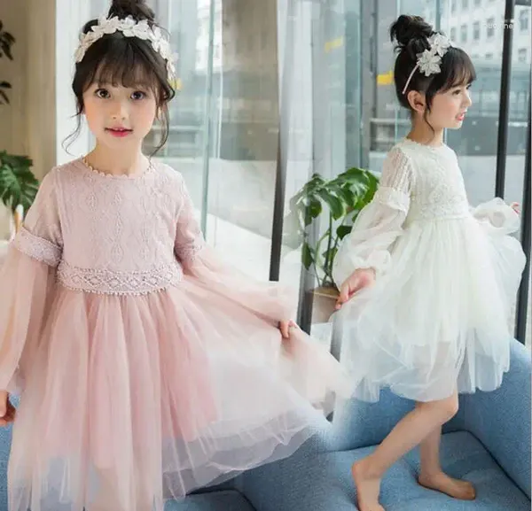 Vestidos de menina 2024 meninas renda de renda vestido de princesa crianças O-pescoço de lanterna de lanterna malha de malha de malha de rede infantil para 3 5 7 8 9 10 12 14 anos