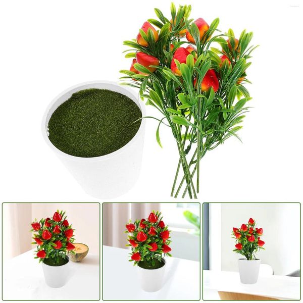 Flores decorativas simuladas de morango artificial com decoração de fruta de panela em vaso de mesa em vaso