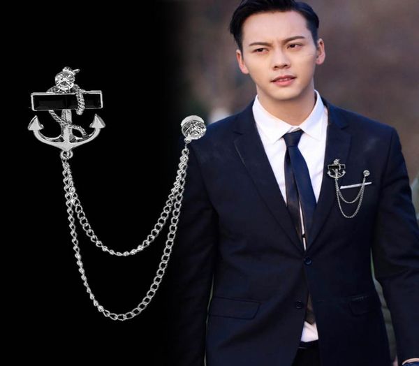 Koreanische Mode Neue personalisierte Quasten -Anker -Brosche mit Kette Fransen Metall Broschen Revers Pin Badge Männlich Anzug Männer Accessoires9297391