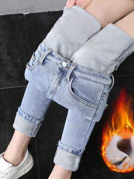Jeans femininos Mulheres térmicas outono inverno quente lã elástica ladeada calça jeans pernelações azul preto cintura elástica slim calça