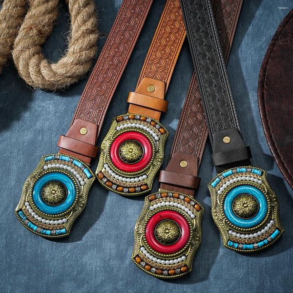 Cintos homens mulheres-ocidentais-cowboy-pu-belts-fivela gravada floral com cinto de cavalo vintage para jeans