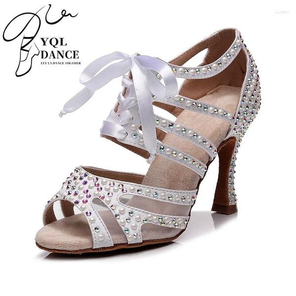 Sapatos de dança Mulher Lace Up Latin White Balck Nude Bachata salsa para dançar garotas pérolas shinestone Ballroom 3,5 polegadas