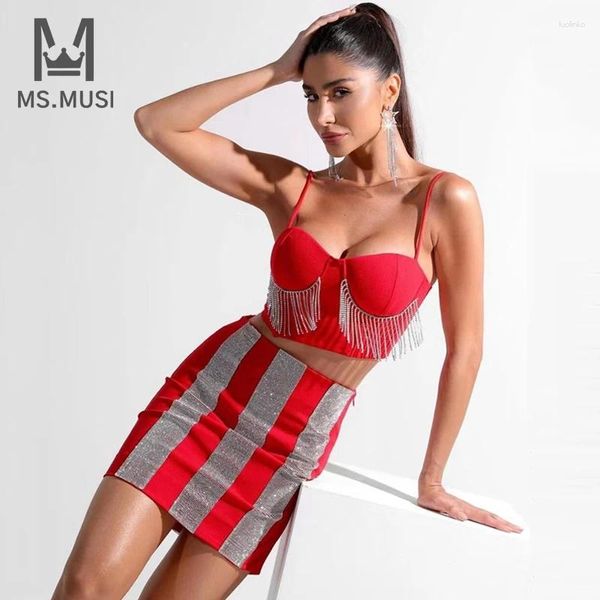 Abiti casual Msmusi 2024 Fashion sexy patchwork Bandage a due pezzi Set party Diamond Crystal Tasselle Top Short Mini Skirt Suit