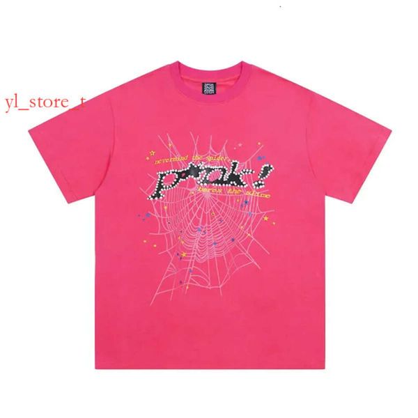 T-shirt designer SP5de Men maglietta rosa Young Thug Spide Web 555 Man Qualità Schiaming Modello di stampa Modello Top Top Tims Casette Short Women Summer 4232