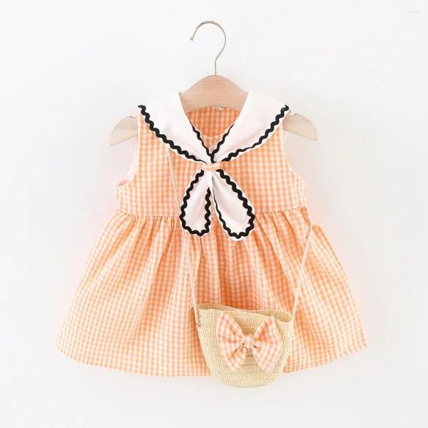 Mädchenkleider Sommer Baumwollkleid Kleid Fashion Bow lässige süße dünne Kinderkleidung mit kostenloser Geschenk Stroh kleiner Tasche