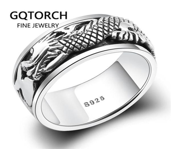 Real Pure 925 Sterling Silver Dragon Rings for Men Rotatable Transfer Luck Vintage Punk Retro Style Masculino Aneis Y11245734278