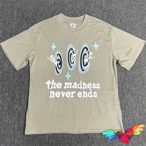 Erkek Tişörtleri Khaki Kırık Gezegen Çılgınlık Asla Bitirme T-erkekler Puff Baskı T-Shirt Boyun Etiket Üstleri Gevşek Kısa Seve H240508