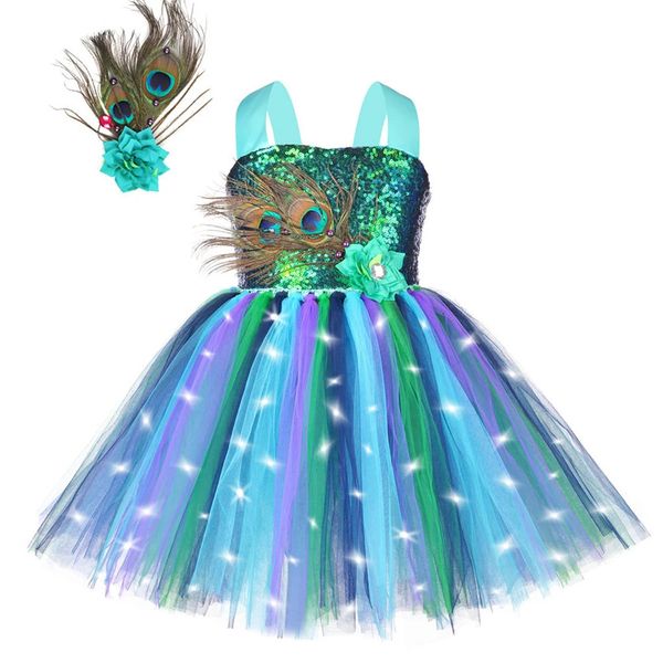 LED Light Peacock Kostüm für Mädchen Pailletten Blumenfedern Tutu Kleid für Kinder Halloween Outfit Geburtstagsfeier 240429