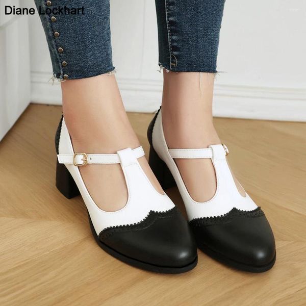 Kleiderschuhe schwarz weiße T-Strap Dicke High Heel 2024chunky Pu Leder Mary Jane Pumps Frauen runde Zehenplattform Retro