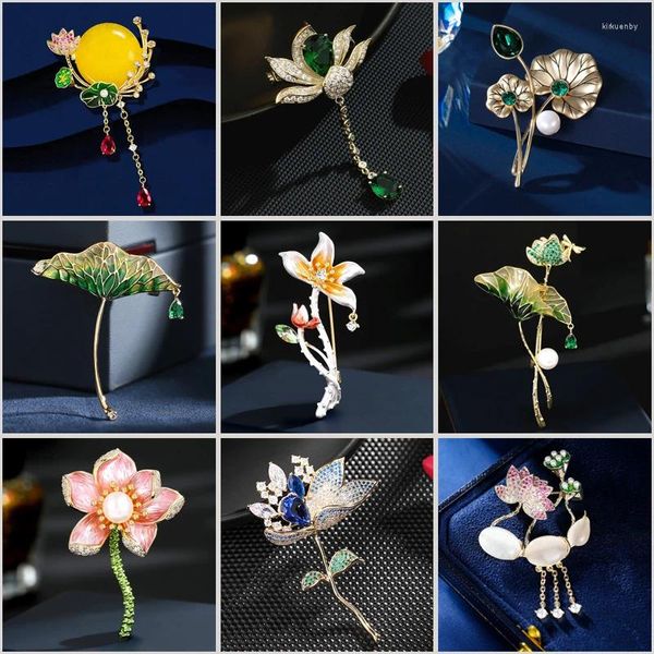 Broschen Retro Retro chinesische Stil Korsage Drop Öl Süßwasserperl Zirkon Lotusblatt Blume für Frauen Beschichten Accessoires Email Pins