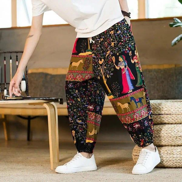 Abbigliamento etnico uomo boemia pantaloni stampati giapponesi pantaloni da streetwear casual pantaloni in stile cinese in lino di cotone bloomer nepal