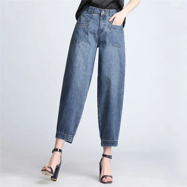 Jeans femininos 2024 Primavera verão Coréia Moda Mulheres Alta Cintura Longa azul com algodão casual de algodão casual Harém S724