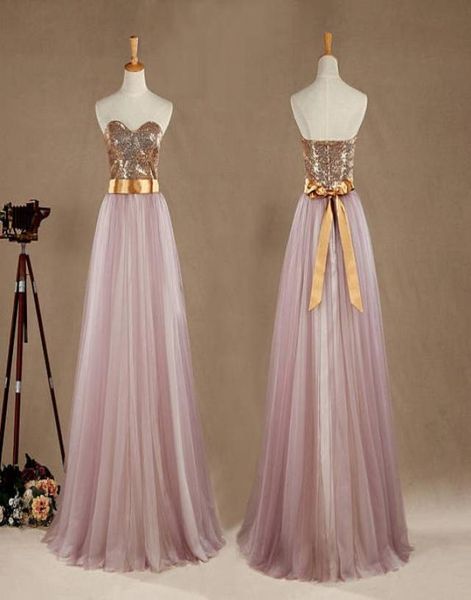 Kugelkleid hellviolettes Tüll Brautjungfer Kleid eine Linie Schatz Gold Pailletten trägerloser langes Piefy Kleid Abendkleid 8314607