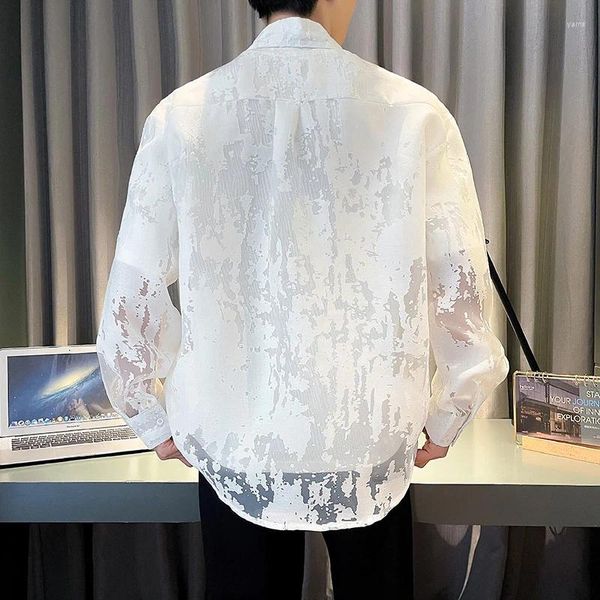 Herren lässige Hemden Sommer Mode White Mesh Shirt Männer transparent drucken losen Langarm Tops Streetwear Lapel Party Clubwear