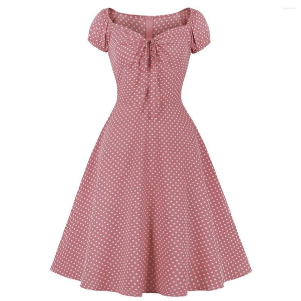 Vestidos de festa 2024 Moda Polka Dot Midi Dress for Women Blue O pescoço de manga curta Paty Retro vintage 50s 60s Vestidos de verão