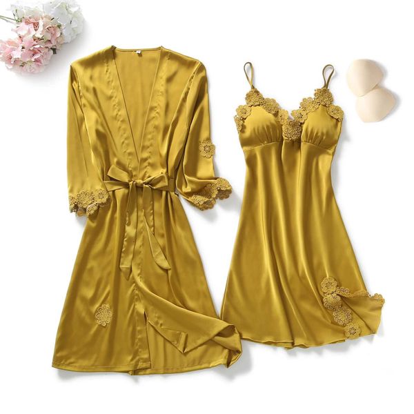 Женская одежда для сна, желтая одежда, набор осенней женской вечернее платье, набор для вечернего платья с 2 частями с грудными подушками женские атласные кимоно-ванны.