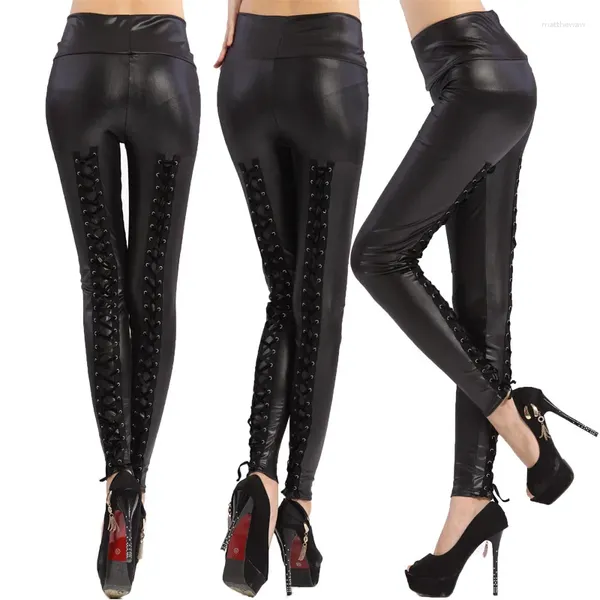 Damen -Leggings Frauen schwarz sexy Seilstrang leerer Seil Schlanker Fit draußen tragen Hose mit Löchern hinter großer Leder