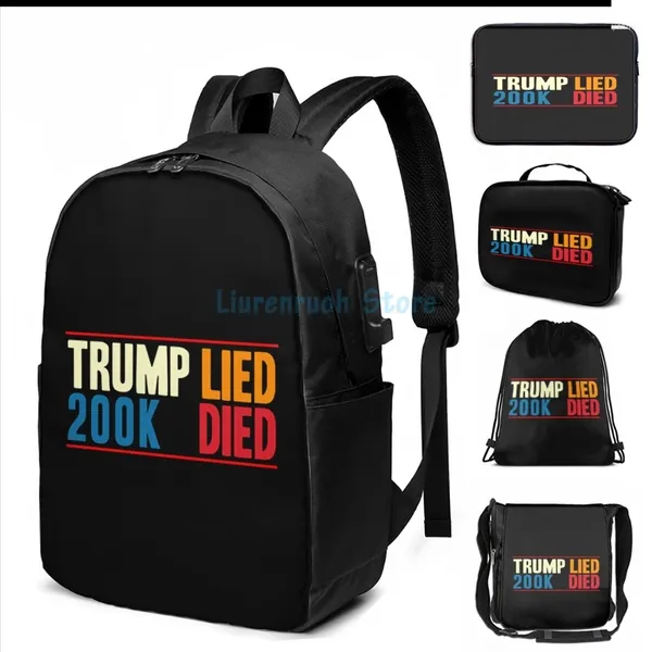 Rucksack lustiger grafischer Print Trump gelogen 200k gestorben USB -Ladung Männer Schultaschen Frauen Bag Travel Laptop