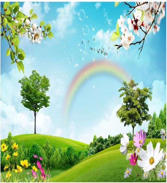 Bellissimo paesaggio sfondi 3d Sky Blue Sky and White Cloud Grass Rainbow Sfondi TV Paesaggio Naturale Sfondo Wall4046079