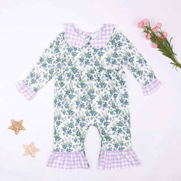 Set di abbigliamento vestiti per bambini cadute in stile fsshion Bambini viola bolla floreale cotone boutique dolce ropmer con stampa verde per 0-3m