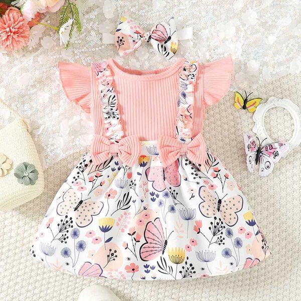 Vestidos de menina de 3 a 24 meses de idade, vestido de bebê recém-nascido com bordas de babados de manga curta vestido de borboleta imprimor