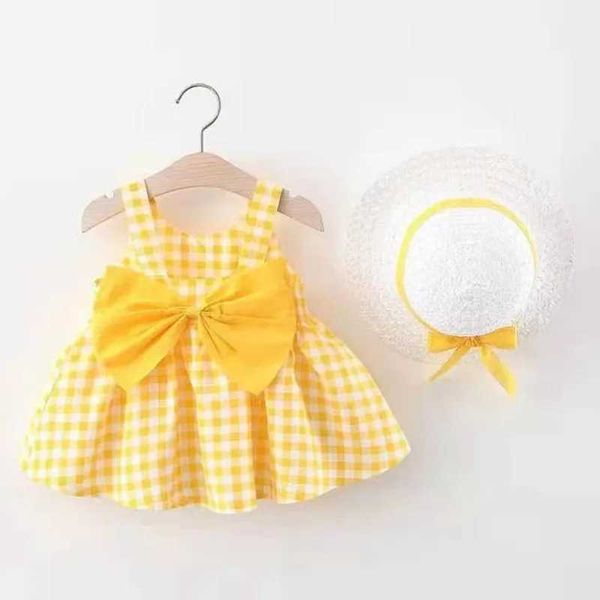 Mädchenkleider 2-teiliger Sommerkleidung Set geeignet für Mädchen Baby Mädchen Kleider Sunhat Kleinkind Beach Kleider Bögen flache Ärmeln Baumwolle kostenlos Prinzessinnen NeugeboreneSl2405